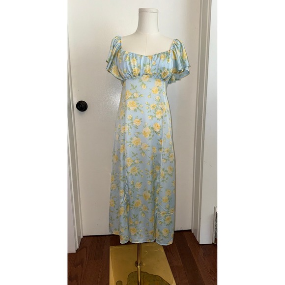 Altar'd State Dresses & Skirts - Altar'd State Blue Yellow Floral Satin Midi Dress Tie Back Cutout Small NWT